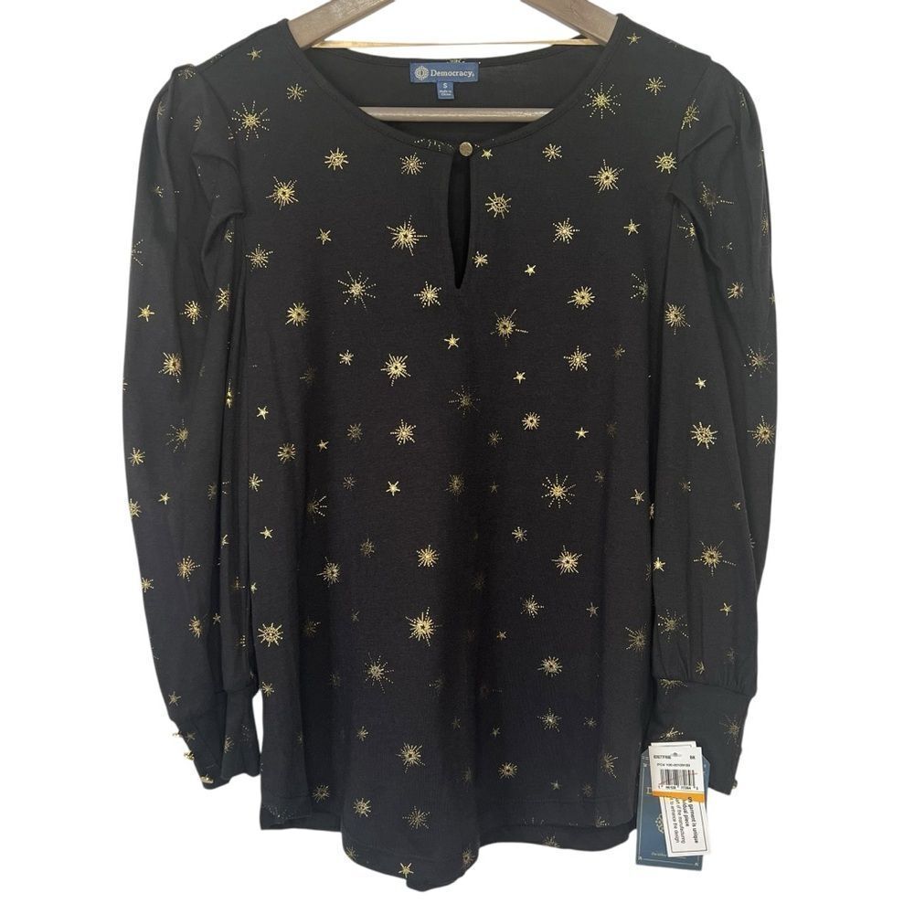 NWT Democracy Gold Sunbursts Top size Small Black 3/4 Sleeve Pullover Blouse